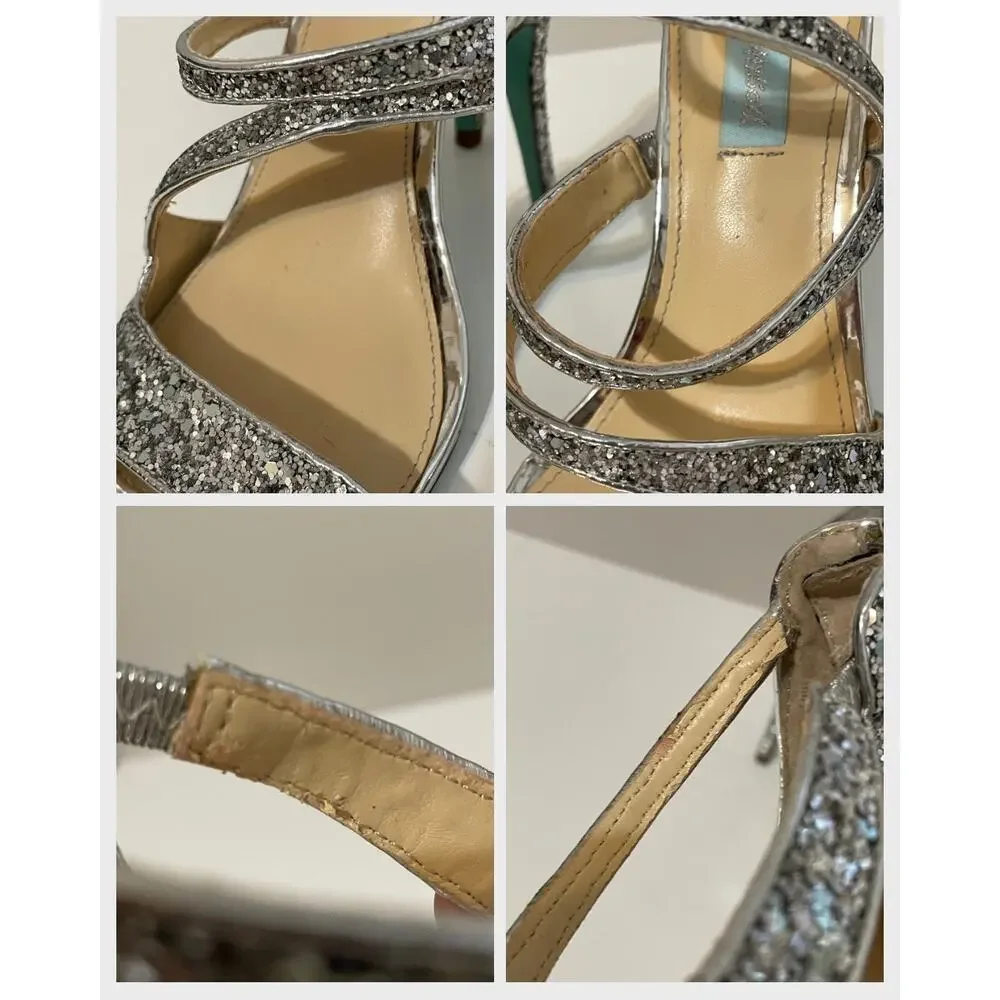 Blue by Betsey Johnson Izzy Women’s Silver Glitter Strappy Stiletto Sandals 8.5